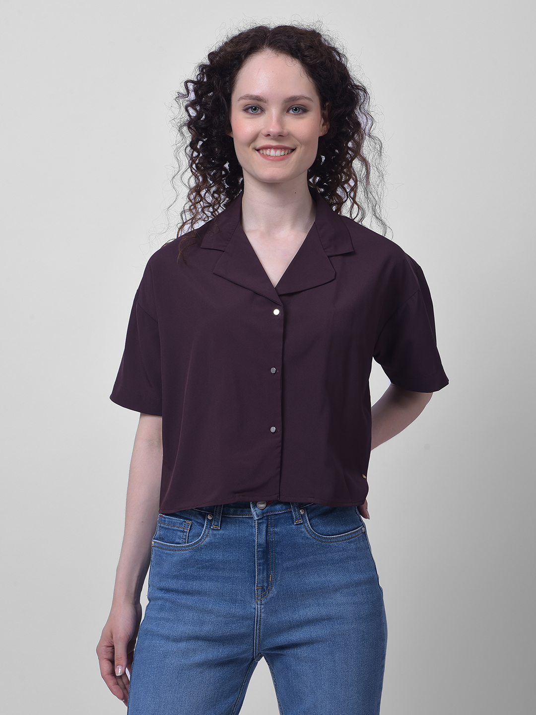 Numero Uno Women Purple Notch Collar Cropped Shirt